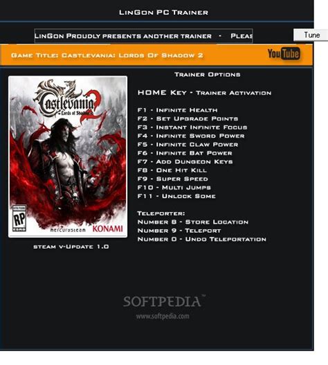 Castlevania lords of shadow trainer CASTLEVANIA: LORDS OF SHADOW 2 TRAINER (511KB) *Please note that this trainer was submitted as a "promo" trainer, and these are some of the options available, the trainer has been posted as some options are still available in this promo trainer